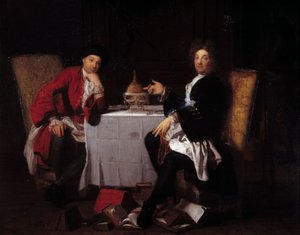 To epikurister To filosoffer taler til et bord. Maleri tilskrevet Robert Tournieres (1668-1752) Caen fra det 18. århundrede, musee des Beaux Arts af Robert (attr. to) Tournieres