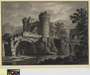 Arkitektonisk fantasi om en ødelagt bro i et landskab af Robert Adam