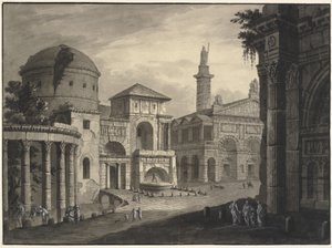 Arkitektonisk fantasi om en gammel by med et torv og mange bygninger, nogle delvist i ruiner af Robert Adam