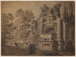 Capriccio med antikke figurer blandt klassiske monumentruiner af Robert Adam