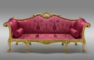 Dundas sofaen, taget i brug 1764, lavet 1765 (forgyldt fyrretræ og bøg, med senere silkepolstring) af Robert Adam