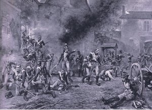 Forsvaret af Hougoumont 18. juni 1815, illustration fra britiske slag på land og hav, 1915