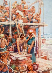 Bygning af Babels tårn (farve litho)