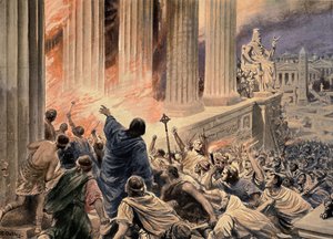 Afbrændingen af biblioteket i Alexandria i 391 e.Kr., illustration fra 
