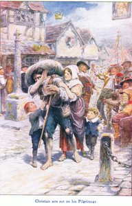 Christian begiver sig ud på sin pilgrimsrejse fra The Pilgrims Progress udgivet af John F Shaw & Co, ca. 1900-tallet (farve litho) af Robert Ambrose Dudley