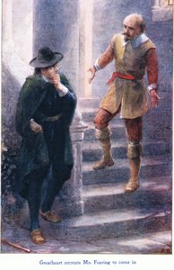 Great Heart beder Mr Fearing om at komme ind, fra The Pilgrims Progress udgivet af John F Shaw & Co, ca. 1900
