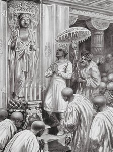 Kanishka indvier Mahayana (nordlig) buddhisme, 100 e.Kr. (litografi) af Robert Ambrose Dudley