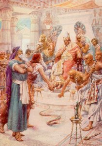Moses og Aron foran Farao (farve litho)