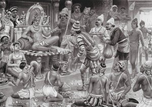 Pulikesin II, Chalukhya, modtager udsendinge fra Persien (litografi) af Robert Ambrose Dudley