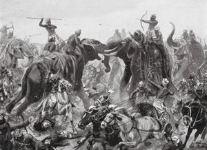 Pulikesin II Chalukhyas nederlag til Mahamalla Pallava ved Badami, AD 642 (litografi) af Robert Ambrose Dudley