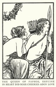 Dronningen af Paphos, Erycine, i hjertet elskede rosekindet Adon (litho) af Robert Anning Bell