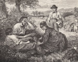 Landarbejdere hviler sig under høsten (gravering) af Robert Barnes