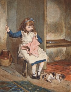 Pige syr med kat ved sine fødder (farvelitografi) af Robert Barnes