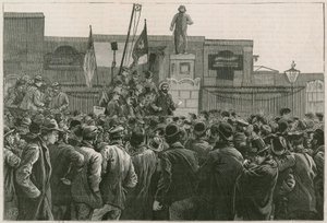 Den store strejke af havnearbejdere i East End: John Burns taler til mændene, der strejker ved portene til de østlige og vestindiske havne. af Robert Barnes