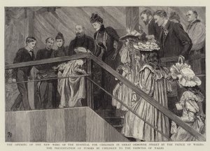 Åbningen af den nye fløj af hospitalet for børn i Great Ormond Street af prinsen af Wales, præsentation af punge fra børn til prinsessen af Wales af Robert Barnes