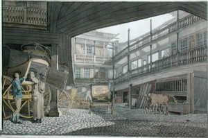 Udsigt til gården ved Spread Eagle, Gracechurch Street, med kuske og heste ved fodring af Robert Blemell Schnebbelie