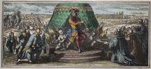 Opførelsen af Les Invalides i 1670 - Allegori om grundlaget for Hotel des Invalides - Ludvig XIV, der viser sine gamle lemlæstede soldater Hotel des Invalides under opførelse, gravering af Robert Bonnart (1652-1729) af Robert Bonnard