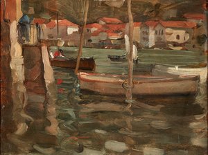Robåde ved en havnekaj, Concarneau (olie på panel) af Robert Brough
