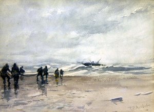 Fiskere trækker en nødstedt fiskerbåd ind (akvarel på papir) af Robert Buchan Nisbet