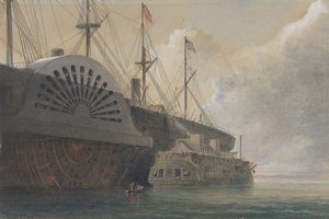 Den gamle fregat-iris med sin kabelfragt ved siden af Great Eastern ved Sheerness..., 1865.