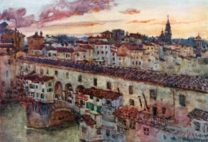 Solnedgang om sommeren over de florentinske tage (farvelitografi) af Robert Charles Goff