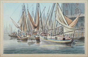 Udsigt over Billingsgate-kajen med både på vandet, City of London, 1790. af Robert Clevely