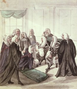 Et kig ind i Westminster Hall on a Call of Sergeants, 1700-tallet (pen og blæk og wc på papir) af Robert Dighton