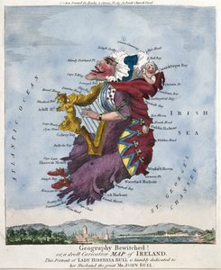 Geografi fortryllet! Eller, et Droll -karikaturkort over Irland. Dette portræt af Lady Hibernia Bull er ydmygt dedikeret til sin mand den store John Bull. [ca.1796]