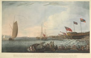 A View of Blackwall, med en del af Dockyard, ved lanceringen af Bombay Castle, 74 kanoner, bygget på bekostning af Hon. East India Company og præsenteret af dem til Hans Majestæt i juni 1782 af Robert Dodd