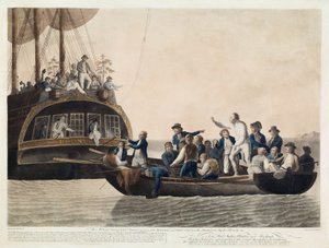 Mytteristerne, der bliver løjtnant Bligh og en del af officererne og besætningen Adrift, 29. april 1789, pub. 1790 af Robert Dodd