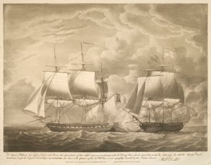 Til kaptajn Phillimore, hans officerer, søfolk og marinesoldater, denne fremstilling af deres dygtige manøvre (ved at passere under fjendens agterstavn, da han forventede, at de ville tage vejrmåleren), hvormed hans majestæts fregat EUROTAS bragte den kejs af Robert Dodd