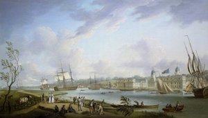 Udsigt over Greenwich, beskrivelse af Themsen og aktiviteterne på dens bredder, samt af flodsejlads med forbehold for tidevandets betydning. Olie på lærred af Robert Dodd