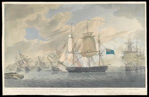Udsigt til fjendens flåde på grund ved floden Charents udmunding, begyndelsen af det 19. århundrede (akvatinte, håndkoloreret radering) af Robert Dodd