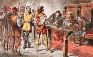 Dogberry taler i Stor ståhej for ingenting, 4. akt, 2. scene: "Skriv ned, at de håber, de tjener Gud, og skriv Gud først, for kun Gud bør gå foran sådanne skurke", fra "The Illustrated Library Shakespeare", udgivet i London 1890 (farve l af Robert Dudley