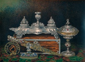 Blækstand, papirvægt, jagtkniv eller dolk, dækket Tazza, papirvægt, 1863 af Robert Dudley