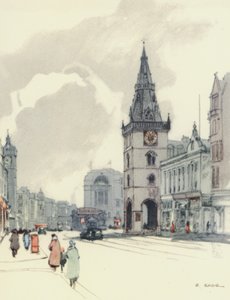 Glasgow: The Tolbooth and the Tron Steeple (farvelitografi)