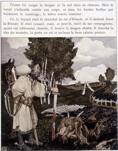 Tristan nær den døde drage - i "" Le Roman de Tristan et Iseult"" af Bédier ill. af Robert Engels, red. of Art, Paris