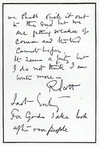 Sidste side i dagbogen for polarforskeren Robert Falcon Scott, leder af den skæbnesvangre britiske ekspedition til Sydpolen, 29. marts 1912 (litho)