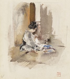 Japanese Girl Sewing, 1890dani af Robert Frederick Blum