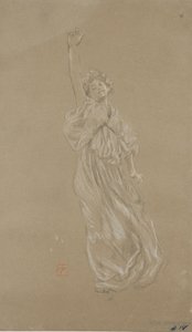 Studie af stående draperet kvindefigur, til Moods to Music vægmaleri (sort-hvidt kridt på papir) af Robert Frederick Blum