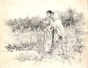 To piger, der står foran en grav af Robert Frederick Blum