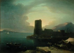 Forbjerget Posilipio, i Napoli-bugten, med Vesuv i baggrunden (olie på lærred) af Robert Freebairn