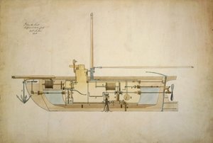 Original tegning af Nautilus, den første undervandsbåd (ubåd), præsenteret af dens opfinder Robert Fulton (1765-1815) til det amerikanske senat i 1806.