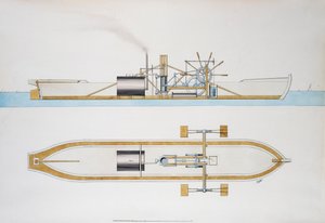 Dampbåd designet af Robert Fulton, akvarel, USA