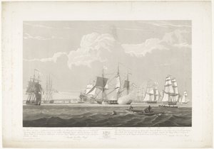 Afgang af tolv hollandske handelsskibe fra Portsmouth Harbour, 1833 (plade 3) Dette sæt på tre plader viser afgangen fra Portsmouth Harbour den 2. juni 1833 af 12 Nederlandsche Koopvaardy-skibe fra Embargo losset af Robert Havell (II)