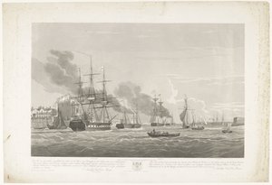 Afgang af tolv hollandske handelsskibe fra Portsmouth Harbour, 1833 (plade 2) Dette sæt på tre plader viser afgangen fra Portsmouth Harbour den 2. juni 1833 af 12 Nederlandsche Koopvaardy-skibe fra Embargo losset af Robert Havell (II)