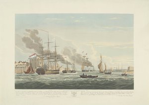 Afgang af tolv hollandske handelsskibe fra Portsmouth Harbour, 1833 (plade 2) Dette sæt på tre plader viser afgangen fra Portsmouth Harbour den 2. juni 1833 af 12 Nederlandsche Koopvaardy-skibe fra Embargo losset af Robert Havell (II)