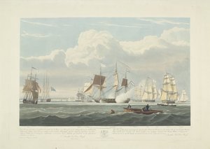 Afgang af tolv hollandske handelsskibe fra Portsmouth Harbour, 1833 (plade 3) Dette sæt på tre plader viser afgangen fra Portsmouth Harbour den 2. juni 1833 af 12 Nederlandsche Koopvaardy-skibe fra Embargo losset af Robert Havell (II)