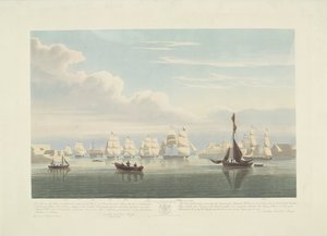 Afgang af tolv hollandske handelsskibe fra Portsmouth Harbour, 1833 (plade 1) Dette sæt på tre plader viser afgangen fra Portsmouth Harbour den 2. juni 1833 af 12 Nederlandsche Koopvaardy-skibe fra Embargo losset af Robert Havell (II)