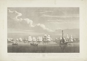 Afgang af tolv hollandske handelsskibe fra Portsmouth Harbour, 1833 (plade 1) Dette sæt på tre plader viser afgangen fra Portsmouth Harbour den 2. juni 1833 af 12 Nederlandsche Koopvaardy-skibe fra Embargo losset af Robert Havell (II)